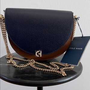 NWT Cole Haan Evie Saddle Crossbody or Shoulder in Dark Blue/Brown/Cream